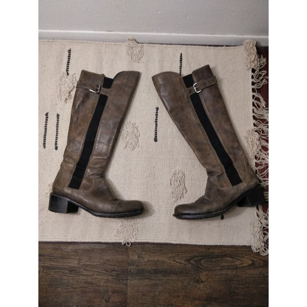 Donald J Pliner Tan Gray Leather Western Knee High Tall Zip Heeled Boots Size 7